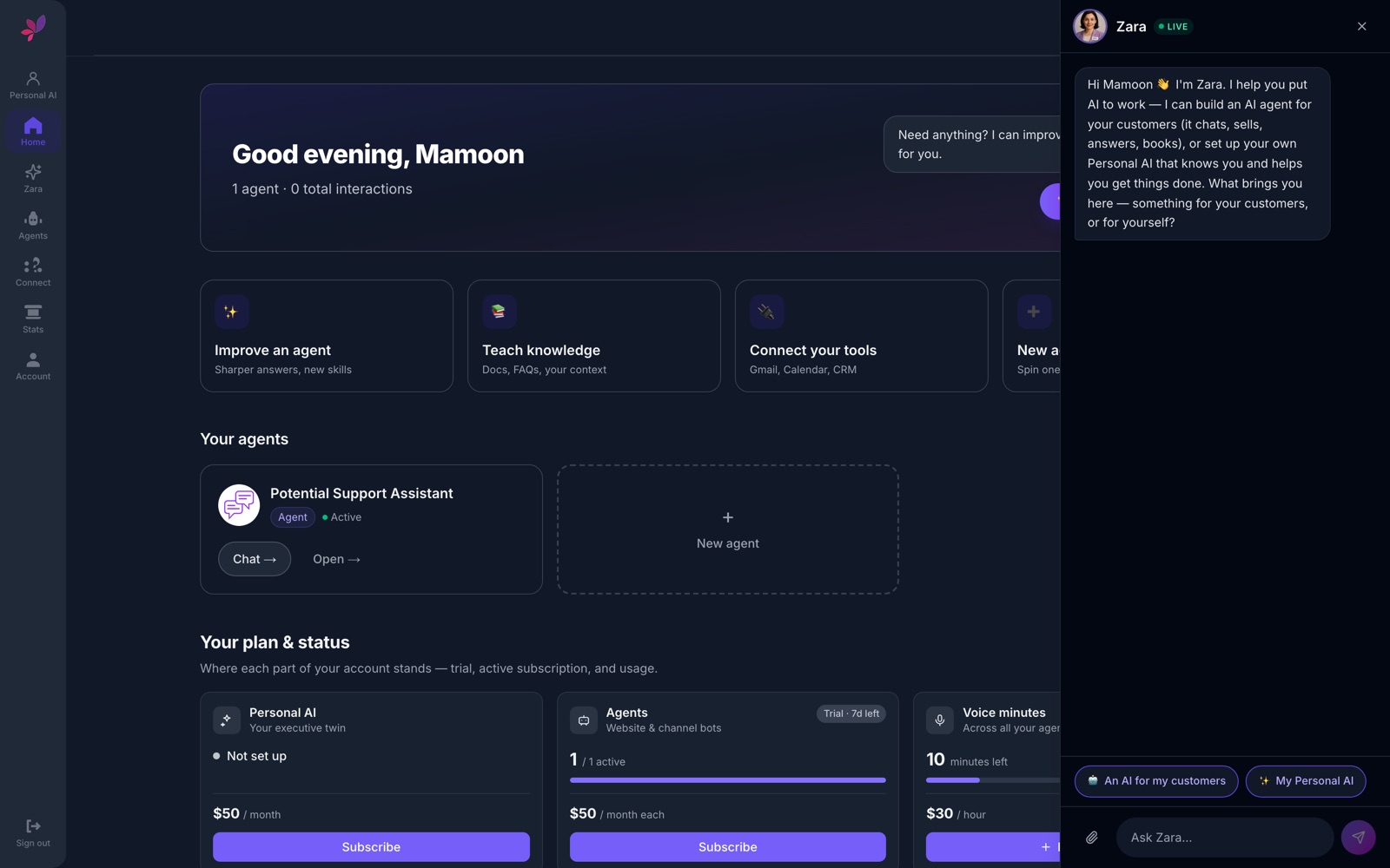 The Potential AI dashboard: agents, plan status and Zara